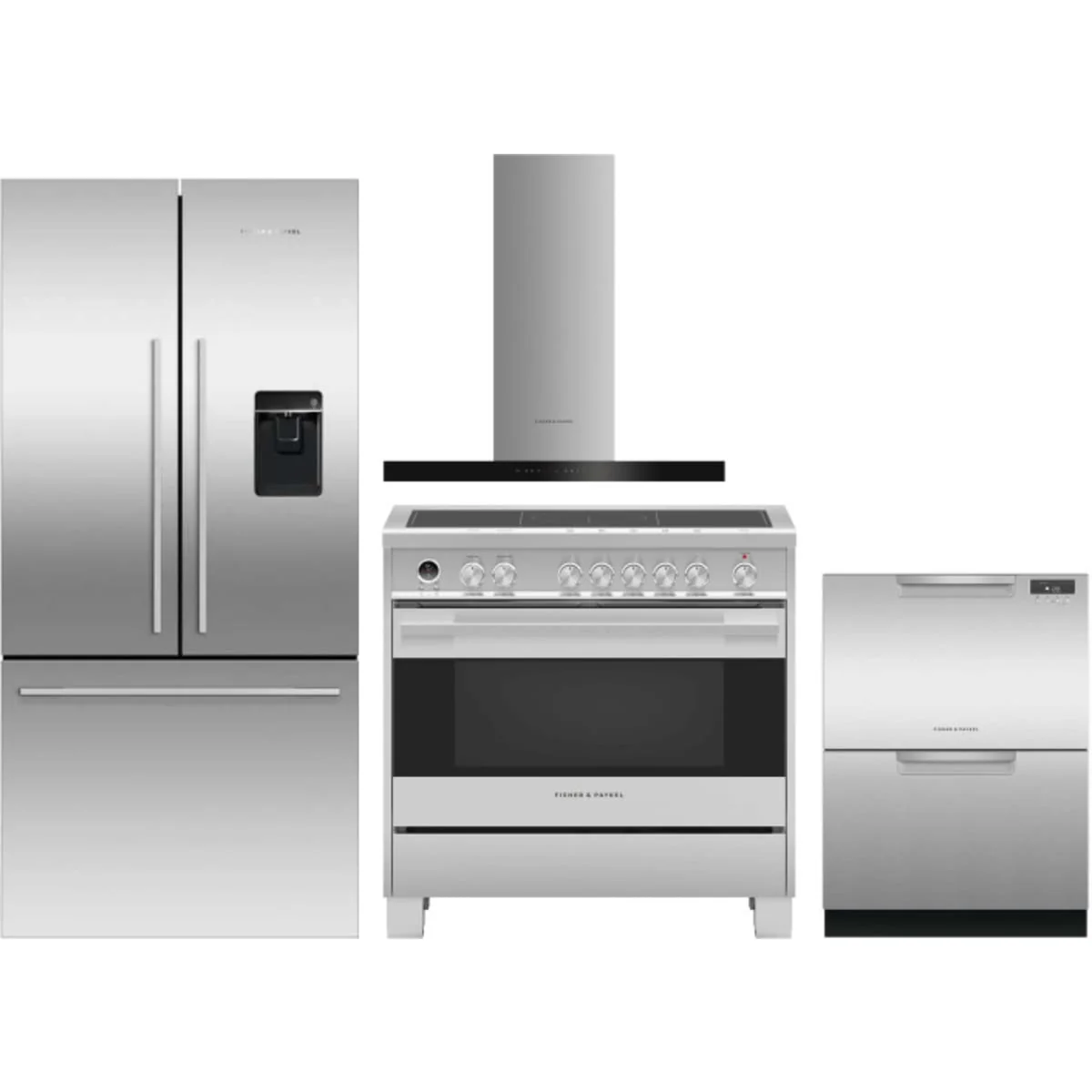 Fisher & Paykel 4-Piece Package RF170ADUSX4N 31 Inch Counter Depth French Door Refrigerator and OR36SDI6X1 36 Inch Induction Range and DD24DAX9N 24 Inch Full Console Double DishDrawer™ and HC36DCXB4 36 Inch Wall Mount Chimney Smart Range Hood