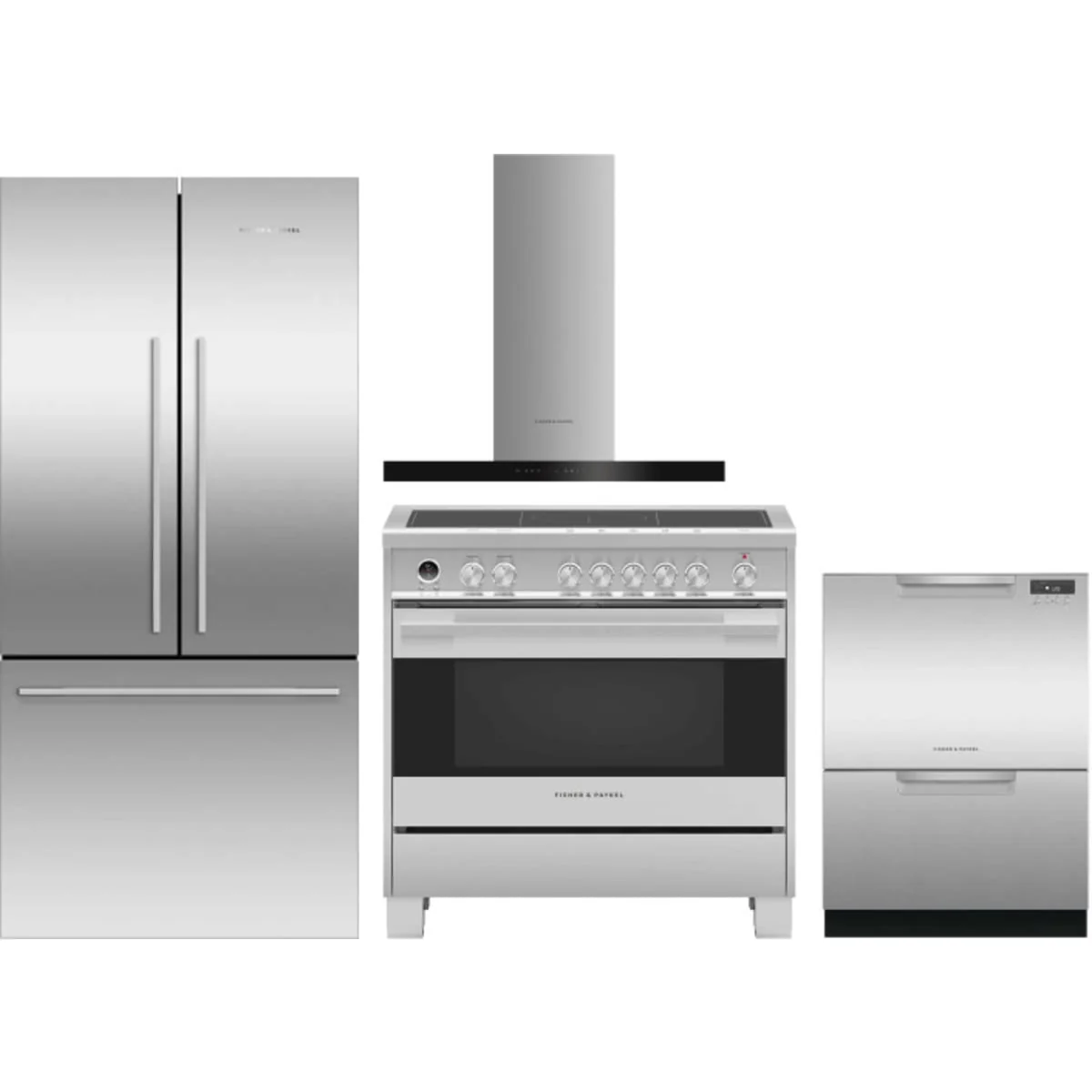 Fisher & Paykel 4-Piece Package RF170ADX4N 32 Inch Counter Depth Freestanding French Door Refrigerator and OR36SDI6X1 36 Inch Induction Range and DD24DCTX9N 24 Inch Full Console Double DishDrawer and HC36DCXB4 36 Inch Wall Mount Chimney Smart Range Hood