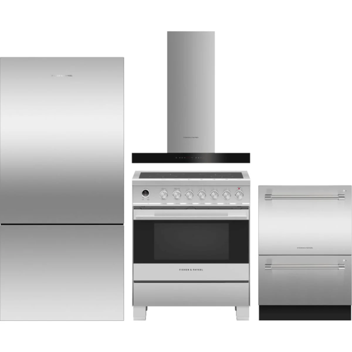 Fisher & Paykel 4-Piece Package RF170BRPX6N 31 Inch Bottom Mount Refrigerator and OR30SDI6X1 30 Inch Induction Range and DD24DV2T9N 24 Inch Double DishDrawer and HC30DCXB4 30 Inch Wall Mount Chimney Hood
