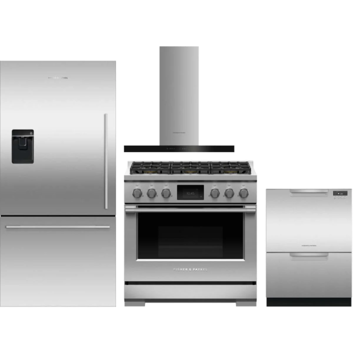 Fisher & Paykel 4-Piece Package RF170WDLUX5N 32 Inch Bottom Mount Refrigerator and RDV3366N 36 Inch Dual Fuel Range and HC36DCXB4 36 Inch Wall Mount Chimney Hood and DD24DCTX9N 24 Inch Double DishDrawer