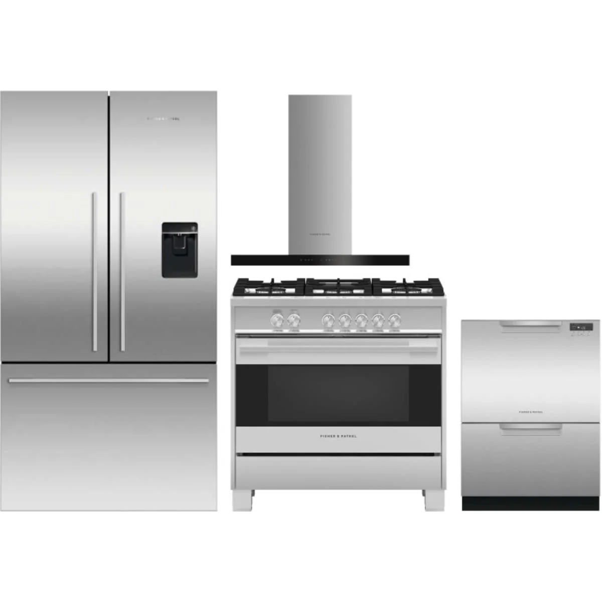 Fisher & Paykel 4-Piece Package RF201ADUSX5N 36 Inch Freestanding French Door Refrigerator and OR36SDG4X1 36 Inch Freestanding Gas Range and DD24DCHTX9N 24 Inch Semi-Integrated Double DishDrawer and HC36DCXB4 36 Inch Wall Mount Chimney Smart Range Hood