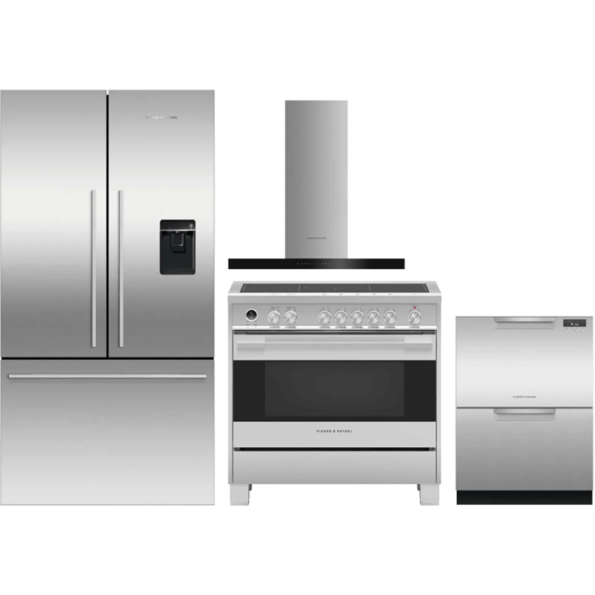Fisher & Paykel 4-Piece Package RF201ADUSX5N 36 Inch Freestanding French Door Refrigerator and OR36SDI6X1 36 Inch Induction Range and DD24DAX9N 24 Inch Full Console Double DishDrawer™ and HC36DCXB4 36 Inch Wall Mount Chimney Smart Range Hood