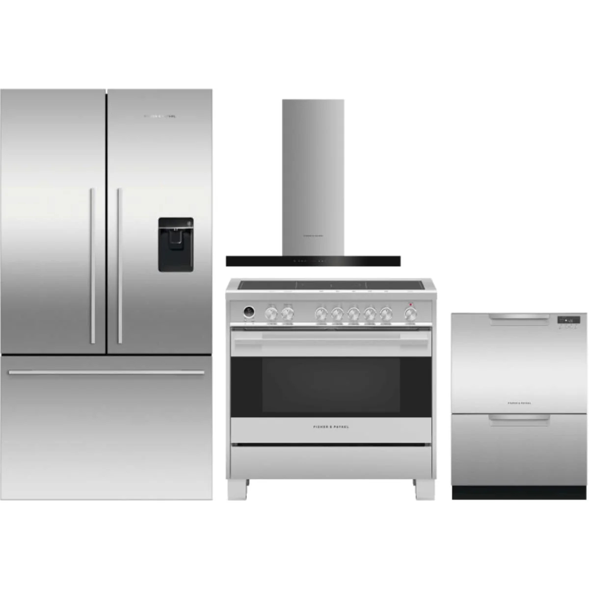 Fisher & Paykel 4-Piece Package RF201ADUSX5N 36 Inch Freestanding French Door Refrigerator and OR36SDI6X1 36 Inch Induction Range and DD24DCTX9N 24 Inch Full Console Double DishDrawer and HC36DCXB4 36 Inch Wall Mount Chimney Smart Range Hood