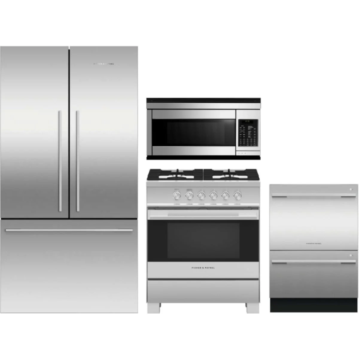 Fisher & Paykel 4-Piece Package RF201ADX5N 36 Inch Freestanding French Door Refrigerator and OR30SDG4X1 30 Inch Freestanding Gas Range and DD24DDFTX9N 24 Inch Fully-Integrated Double DishDrawer and CMOH30SS3T 30 Inch Over the Range Microwave Oven