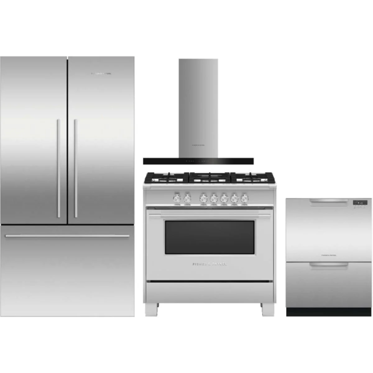 Fisher & Paykel 4-Piece Package RF201ADX5N 36 Inch Freestanding French Door Refrigerator and OR36SCG4X1 36 Inch Freestanding Gas Range and DD24DCTX9N 24 Inch Full Console Double DishDrawer and HC36DCXB4 36 Inch Wall Mount Chimney Smart Range Hood