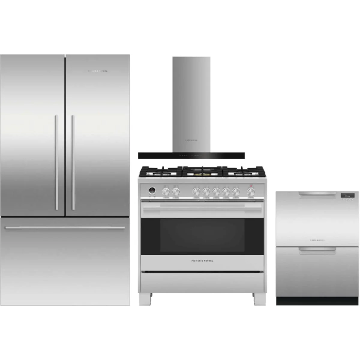 Fisher & Paykel 4-Piece Package RF201ADX5N 36 Inch Freestanding French Door Refrigerator and OR36SDG6X1 36 Inch Freestanding Dual Fuel Range and DD24DAX9N 24 Inch Full Console Double DishDrawer™ wi and HC36DCXB4 36 Inch Wall Mount Chimney Smart Range Hood