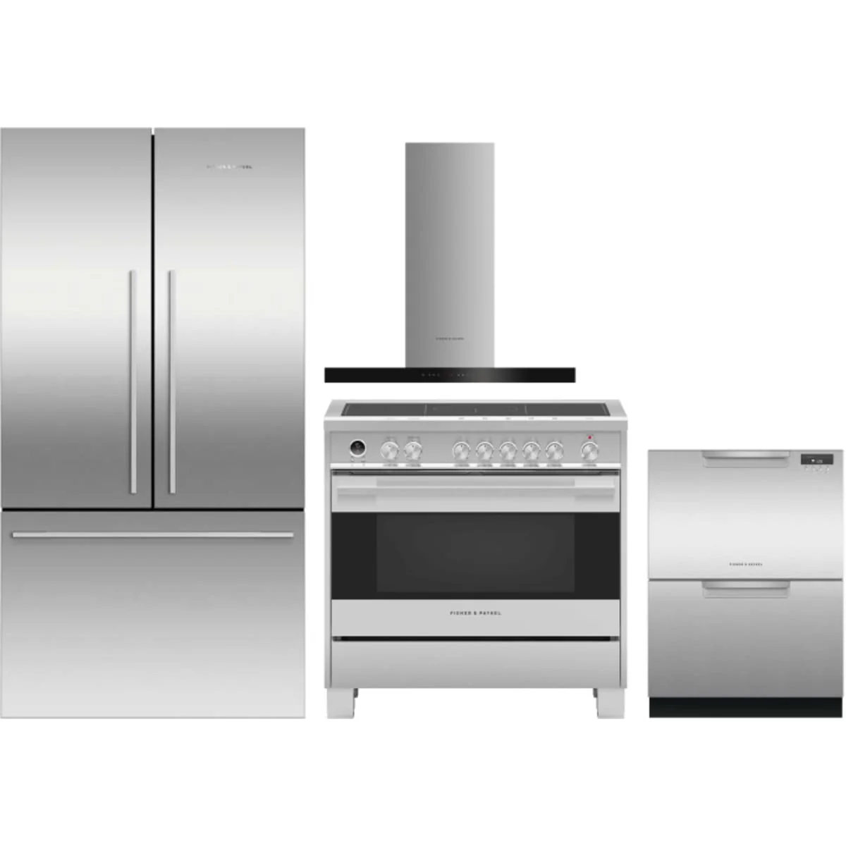 Fisher & Paykel 4-Piece Package RF201ADX5N 36 Inch Freestanding French Door Refrigerator and OR36SDI6X1 36 Inch Induction Range and DD24DAX9N 24 Inch Full Console Double DishDrawer™ wi and HC36DCXB4 36 Inch Wall Mount Chimney Smart Range Hood