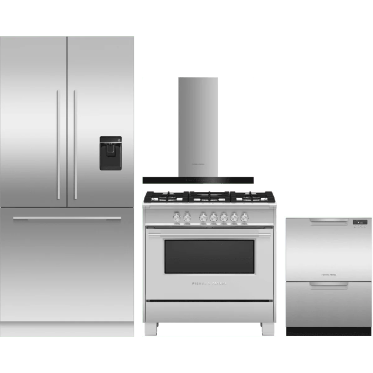 Fisher & Paykel 4-Piece Package RS36A80U1N 36 Inch Panel Ready Built-In French Door Refrigerator and OR36SCG4X1 36 Inch Freestanding Gas Range and DD24DCTX9N 24 Inch Full Console Double DishDrawer and HC36DCXB4 36 Inch Wall Mount Chimney Smart Range Hood