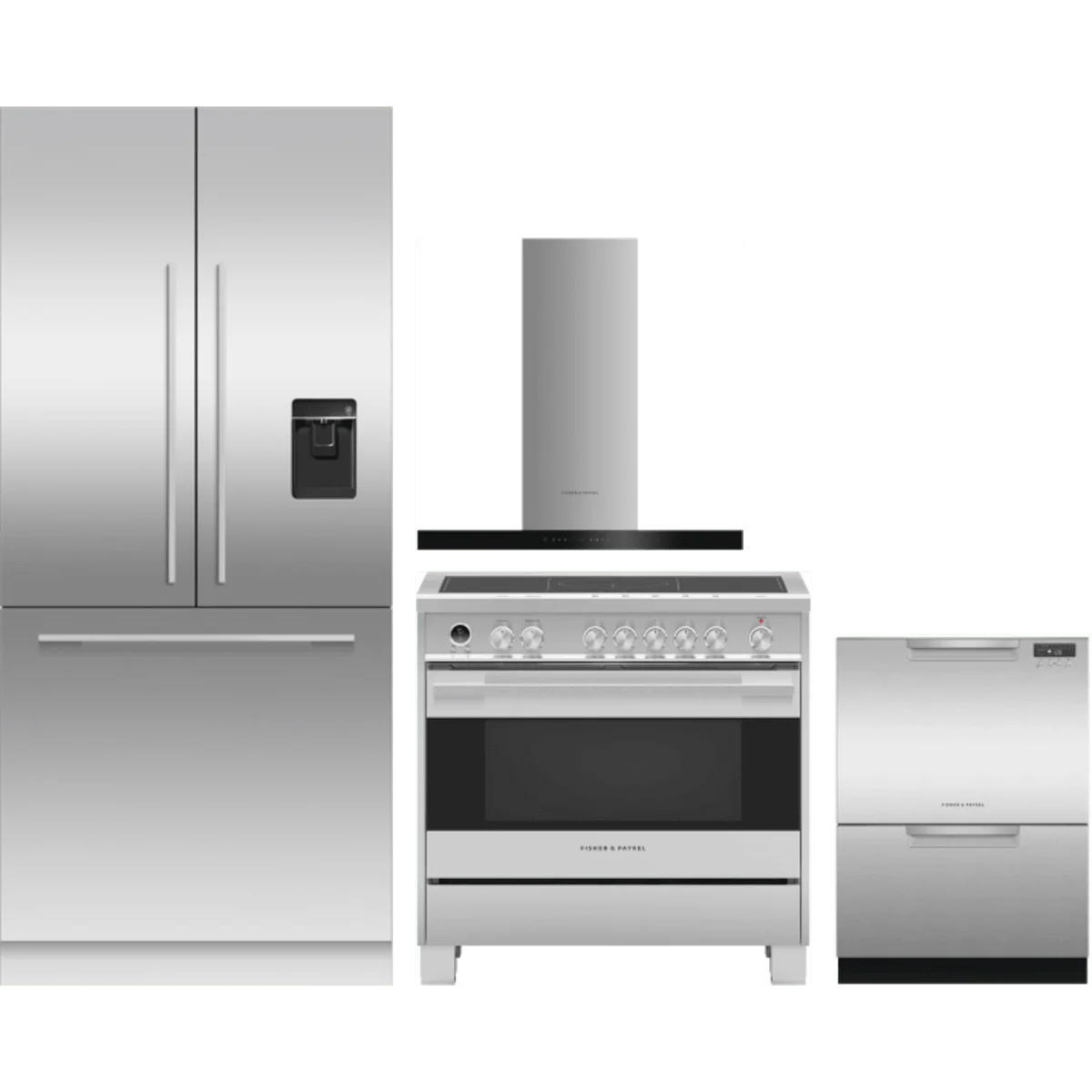 Fisher & Paykel 4-Piece Package RS36A80U1N 36 Inch Panel Ready Built-In French Door Refrigerator and OR36SDI6X1 36 Inch Induction Range and DD24DCHTX9N 24 Inch Semi-Integrated Double DishDrawer and HC36DCXB4 36 Inch Wall Mount Chimney Smart Range Hood