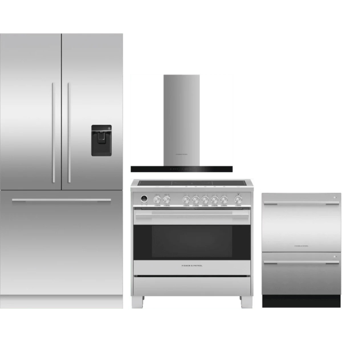 Fisher & Paykel 4-Piece Package RS36A80U1N 36 Inch Panel Ready Built-In French Door Refrigerator and OR36SDI6X1 36 Inch Induction Range and DD24DDFTX9N 24 Inch Fully-Integrated Double DishDrawer and HC36DCXB4 36 Inch Wall Mount Chimney Smart Range Hood