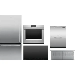 Fisher & Paykel 5-Piece Package RF170WDLX5N 32 Freestanding Bottom Mount Refrigerator and CI365DTB4 Cooktop and OB30SPPTX1 30 Wall Oven and HD36 36 Downdraft Hood and DD24DAX9N 24 Full Console Double DishDrawer™ wi