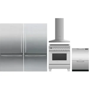Fisher & Paykel 5-Piece Package RF170WDLX5N 32 Freestanding Bottom Mount Refrigerator and RF170WDRX5N 32 Bottom Mount Refrigerator and OR30SCI6X1 30 Induction Range and DD24DCTX9N 24 Full Console Double DishDrawer and HC30PHTX1N 30 Hood