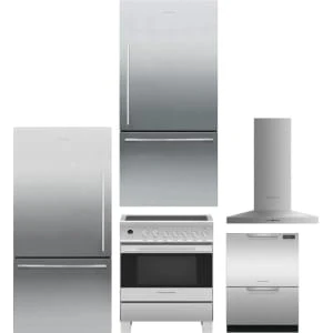 Fisher & Paykel 5-Piece Package RF170WDLX5N 32 Freestanding Bottom Mount Refrigerator and RF170WDRX5N 32 Bottom Mount Refrigerator and OR30SDE6X1 30 Electric Range and DD24DCTX9N 24 Full Console Double DishDrawer and HC30PHTX1N 30 Hood