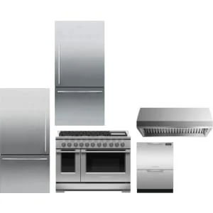 Fisher & Paykel 5-Piece Package RF170WDLX5N 32 Freestanding Bottom Mount Refrigerator and RF170WDRX5N 32 Bottom Mount Refrigerator and RGV3486GDL 48 Gas Range and DD24DCTX9N 24 Full Console Double DishDrawer and HCB4812N 48 Hood