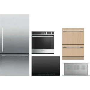 Fisher & Paykel 5-Piece Package RF170WDRX5N 32 Freestanding Bottom Mount Refrigerator and CI304DTB4 Cooktop and OB24SCDEX1 24 Electric Wall Oven and HD30 30 Downdraft Hood and DD24DTI9N 24 Integrated Panel-Ready Double DishDrawer™ Dishwasher wi