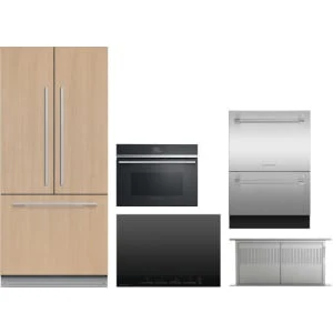 Fisher & Paykel 5-Piece Package RS32A72J1 32 Panel-Ready Integrated French-Door Refrigerator and CI304DTB4 Cooktop and OM24NDB1 24 Wall Oven and HD30 30 Downdraft Hood and DD24DV2T9N 24 Integrated Double DishDrawer