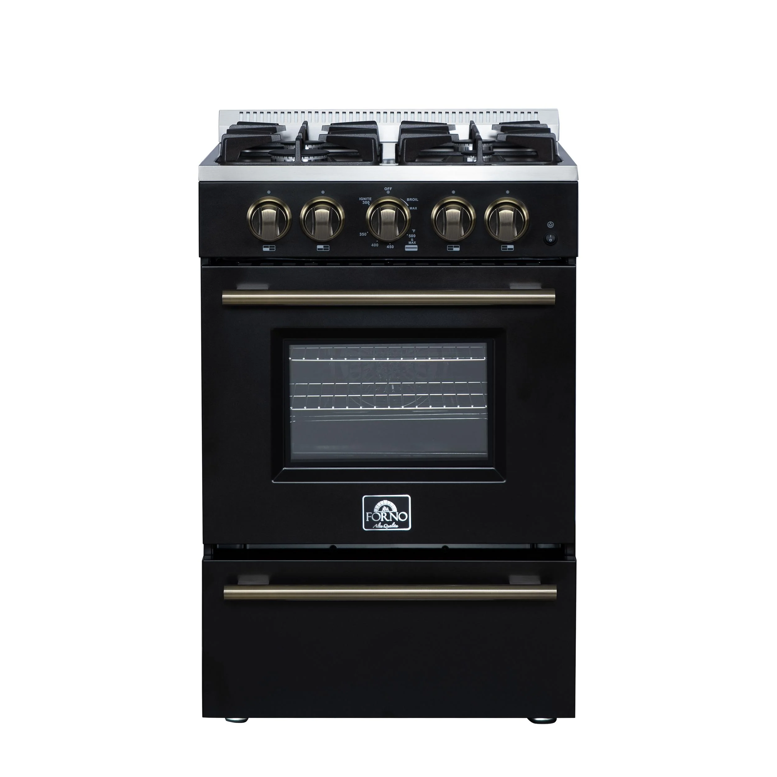 FORNO FFSGS627224BLK Forno Breno 24 Inch Freestanding Gas Range in Black with Antique Brass, Compact Design