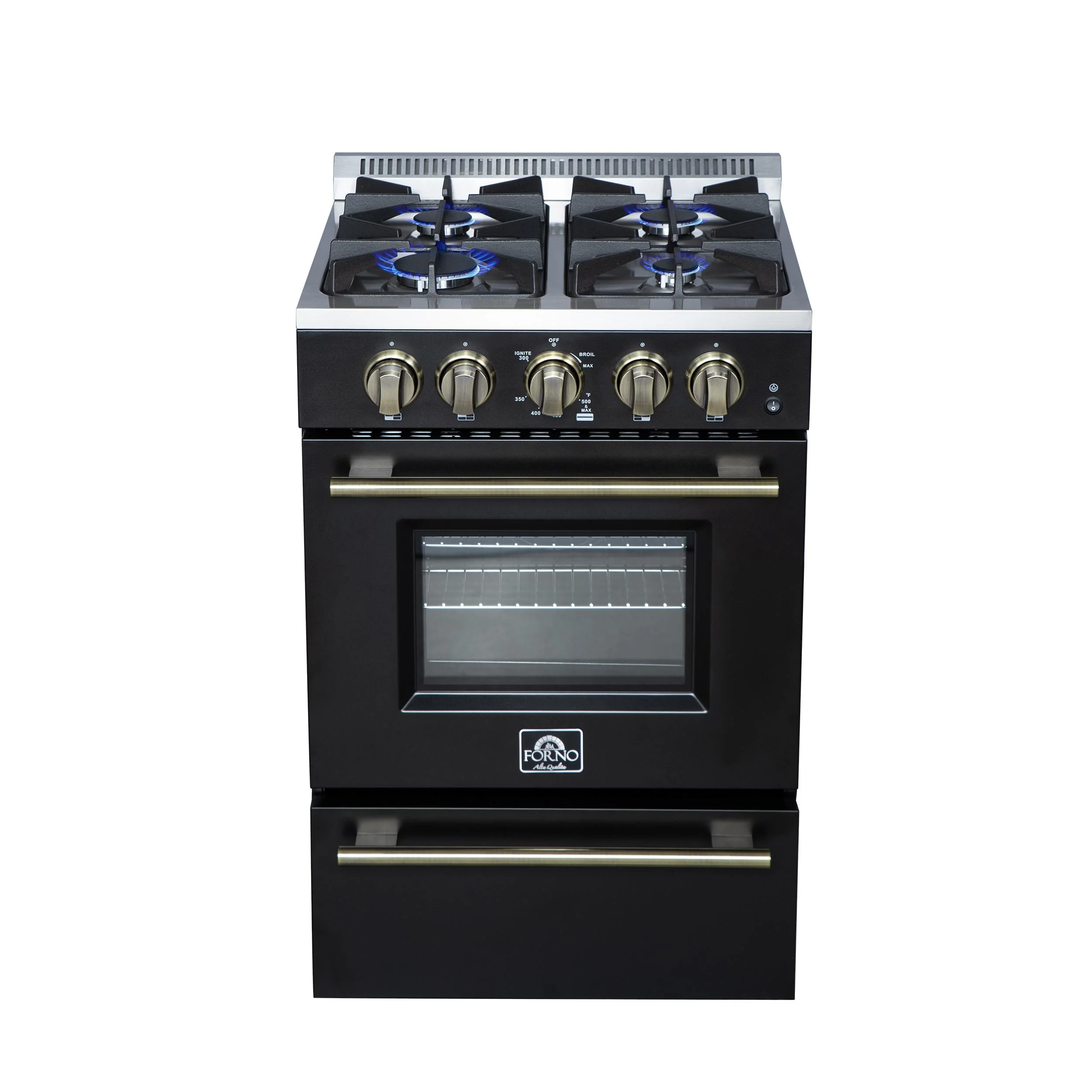 FORNO FFSGS627224BLK Forno Breno 24 Inch Freestanding Gas Range in Black with Antique Brass, Compact Design - Image 2