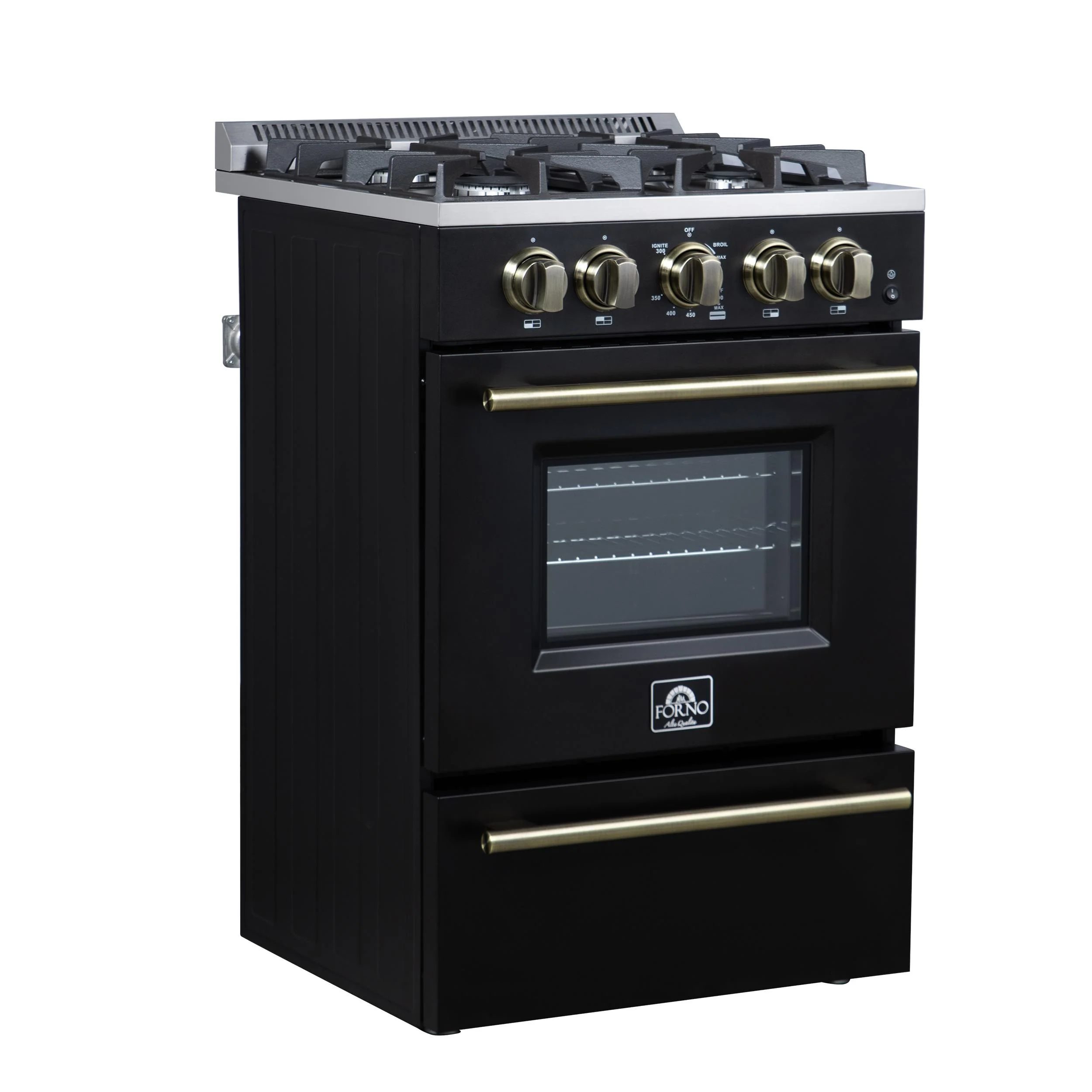 FORNO FFSGS627224BLK Forno Breno 24 Inch Freestanding Gas Range in Black with Antique Brass, Compact Design - Image 4