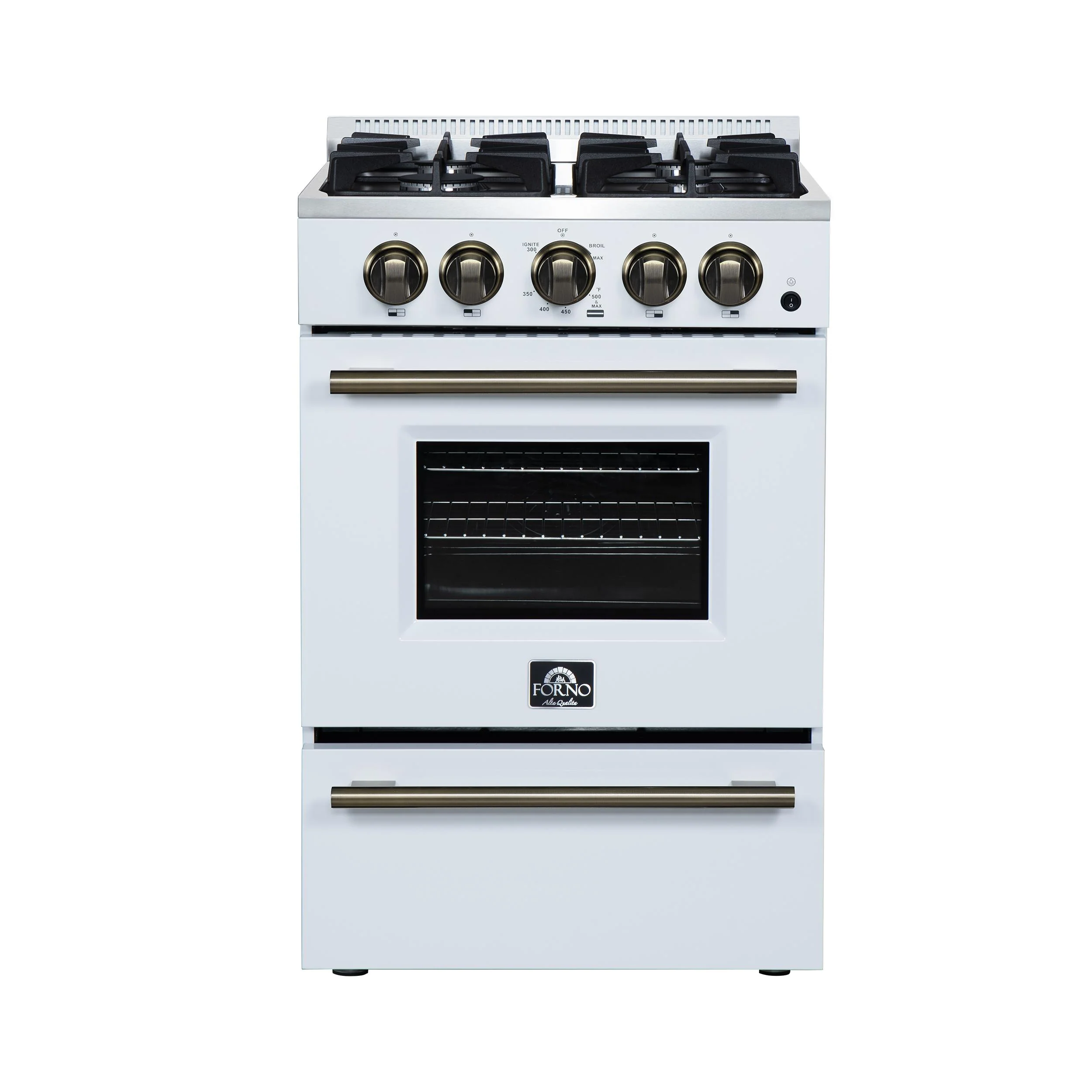 FORNO FFSGS627224WHT Forno Breno 24 Inch Freestanding Gas Range in White with Antique Brass, Compact Design