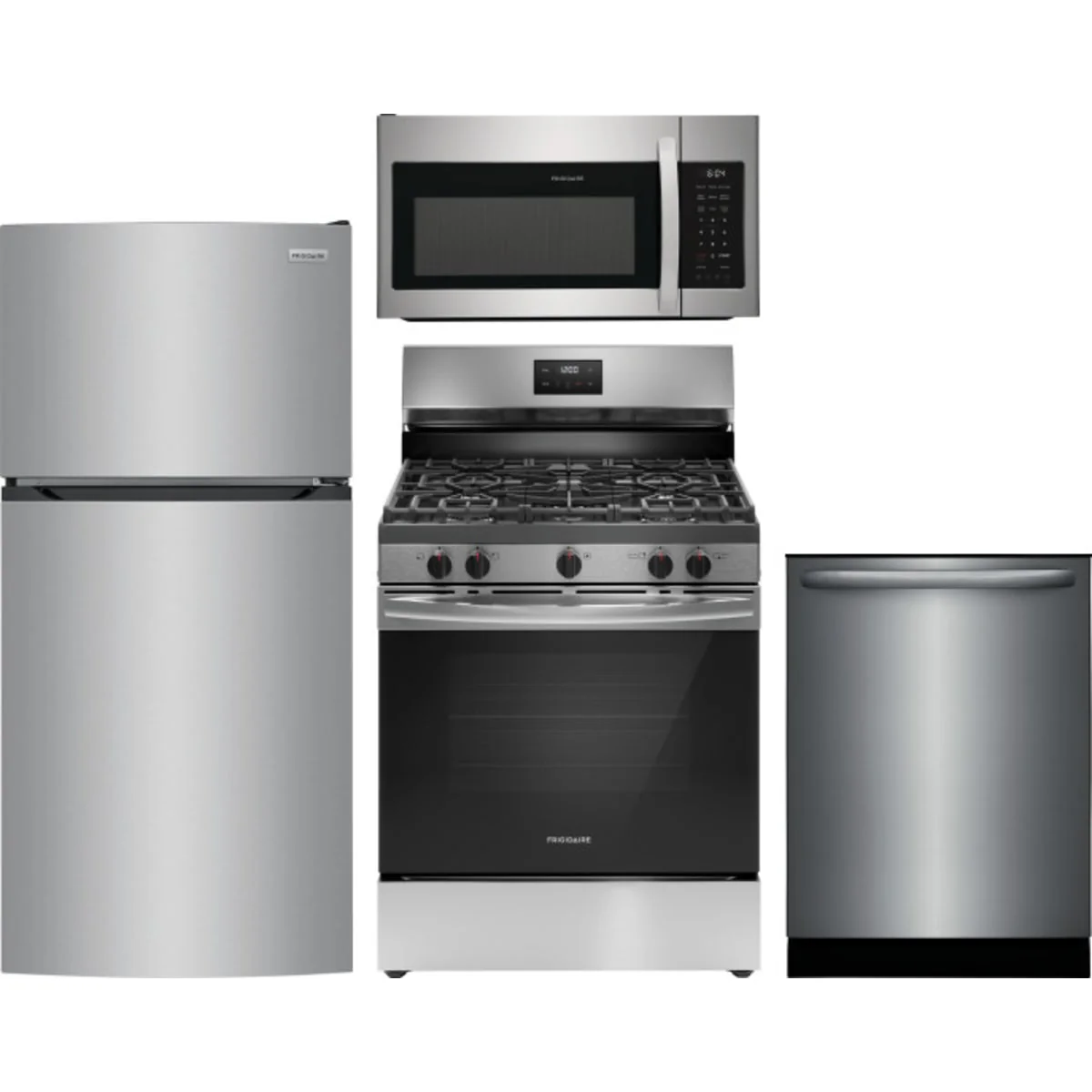Frigidaire 4-Piece Package FFHT1425VV 28 Inch Top Freezer Refrigerator and FCRG3052BS 30 Inch Freestanding Gas Range and FDPH4316AS 24 Inch Fully Integrated Dishwasher and FMOS1846BS 30 Inch Over-The-Range Microwave