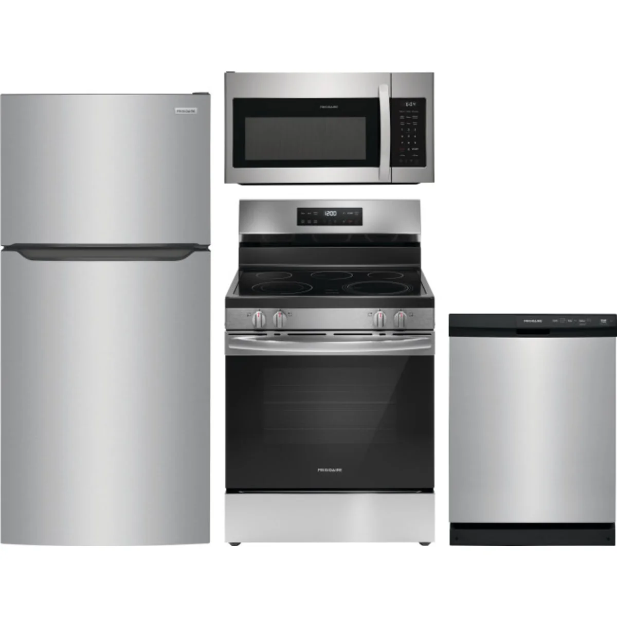 Frigidaire 4-Piece Package FFTR2045VS 30 Inch Freestanding Top Freezer Refrigerator and FCRE3062AS 30 Inch Freestanding Electric Range and FFCD2413US 24 Inch Full Console Dishwasher and FMOS1846BS 30 Inch Over-The-Range Microwave