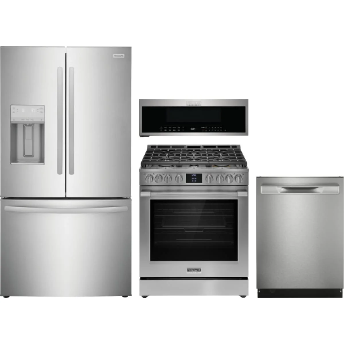 Frigidaire 4-Piece Package FRFC2323AS 36 Inch Counter Depth French Door Refrigerator and PCFG3080AF 30 Inch Slide-In Gas Range and GMOS1266AF 1.2 cu. ft. Over-The-Range Microwave and GDSP4715AF 24 Inch Fully Integrated Dishwasher