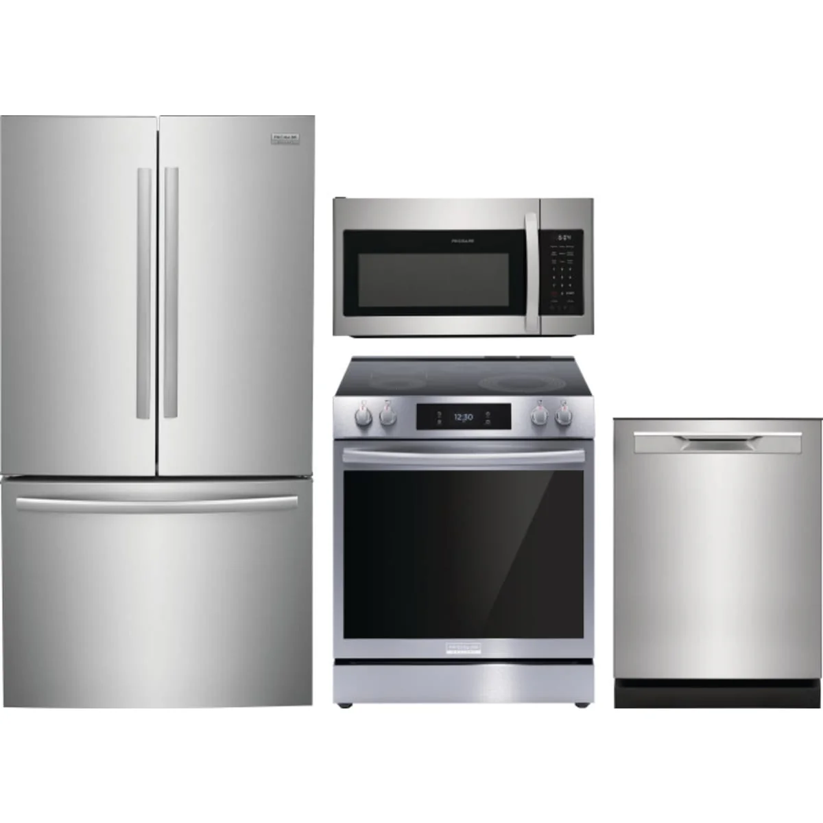 Frigidaire 4-Piece Package GRFG2353AF 36 Inch Counter-Depth French Door Refrigerator and GCFE3060BF 30 Inch Freestanding Electric Range and GDPP4515AF 24 Inch Fully Integrated Built-In Dishwasher and FMOS1846BS 30 Inch Over-The-Range Microwave