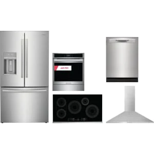 Frigidaire 5-Piece Package GRFC2353AF 36 Counter-Depth French-Door Refrigerator and GCCI3667AB 36 Induction Cooktop and GCWS2438AF 24 Single Electric Wall Oven and GDPP4515AF 24 Integrated Built-In Dishwasher and FHWC3655LS 36 Wall Mount Range Hood