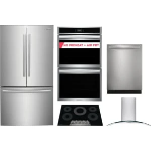 Frigidaire 5-Piece Package GRFG2353AF 36 Counter-Depth French-Door Refrigerator and GCCE3070AD 30 Electric Cooktop and GCWD3067AF 30 Double Electric Wall Oven and GDSH4715AF 24 Integrated Dishwasher and FHWC3060LS 30 Wall Mount Range Hood