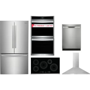 Frigidaire 5-Piece Package GRFG2353AF 36 Counter-Depth French-Door Refrigerator and GCCI3667AB 36 Induction Cooktop and GCWD3067AF 30 Double Electric Wall Oven and GDSP4715AF 24 Integrated Dishwasher and FHWC3655LS 36 Wall Mount Range Hood
