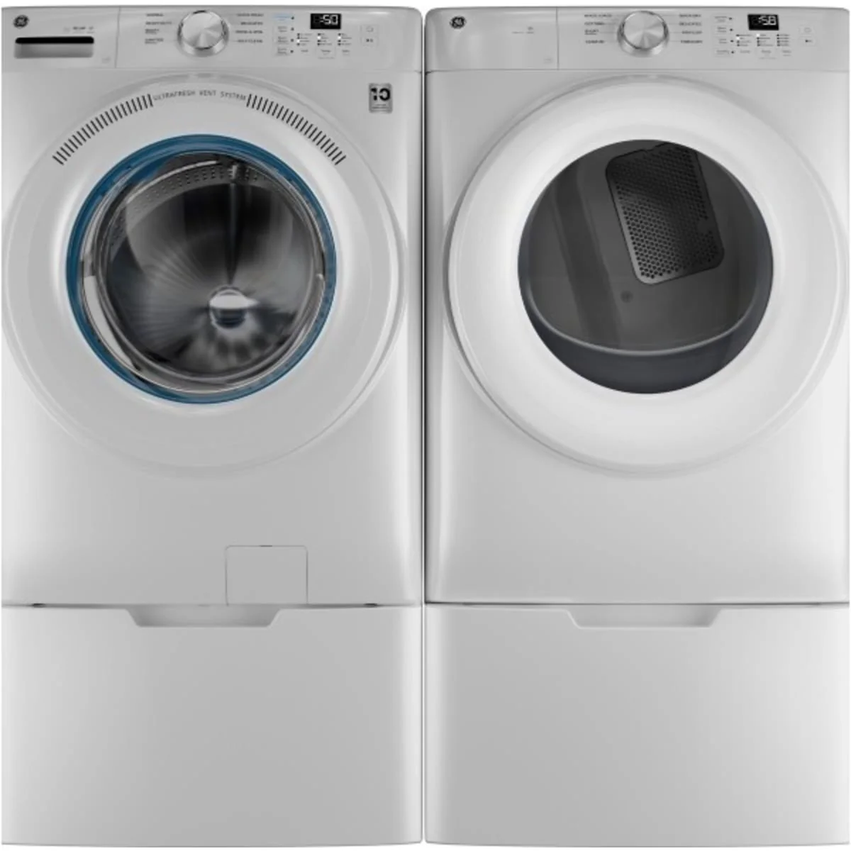 GE GFW350SSYWW 28 Inch Smart Front Load Washer & GE GFD35GSSYWW 28 Inch Smart Front Load Gas Dryer with GE GFP1528SNWW 28 Inch Pedestal Storage Drawer: White