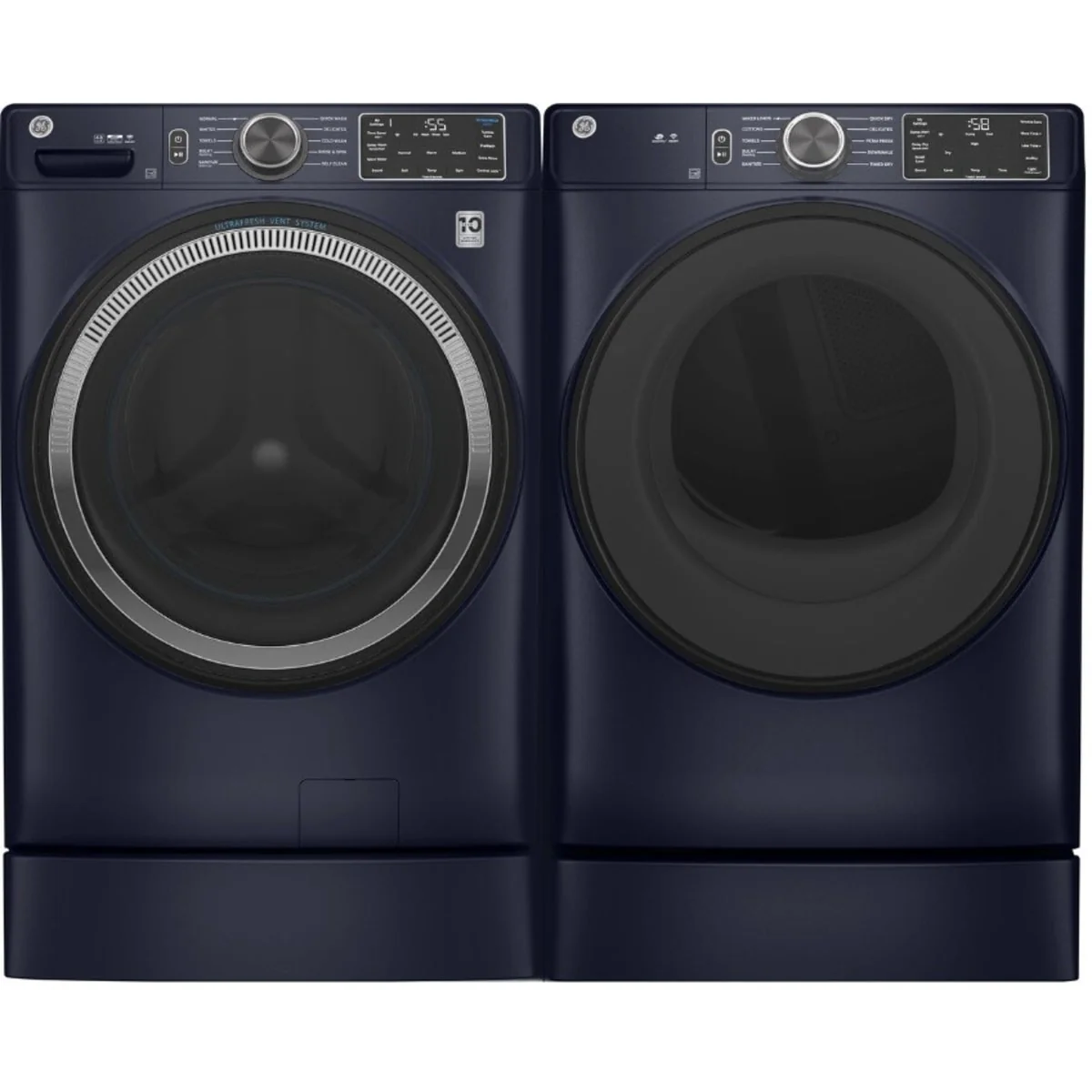 GE GFW550SPRRS 28 Inch Smart Front Load Washer & GE GFD55GSPRRS 28 Inch Gas Smart Dryer with GE GFR0728PNRS 28 Inch Right Height™ Riser: Sapphire Blue