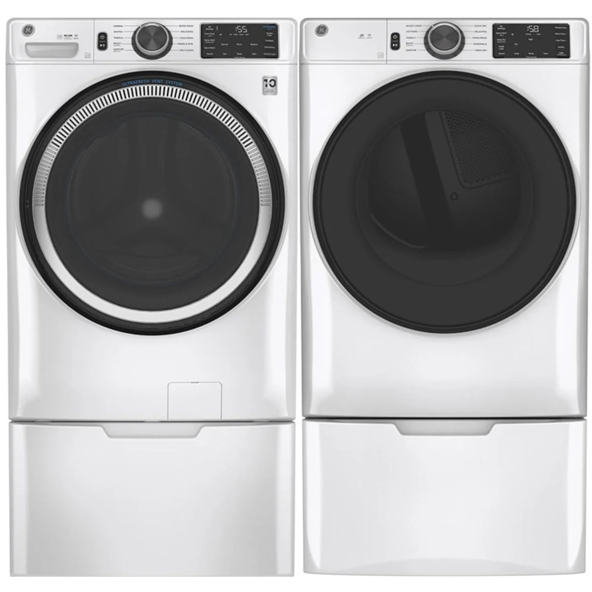 GE GFW550SSNWW 28 Inch Smart Front Load Washer & GE GFD55GSSNWW 28 Inch Gas Smart Dryer with GE GFP1528SNWW 28 Inch Pedestal Storage Drawer: White
