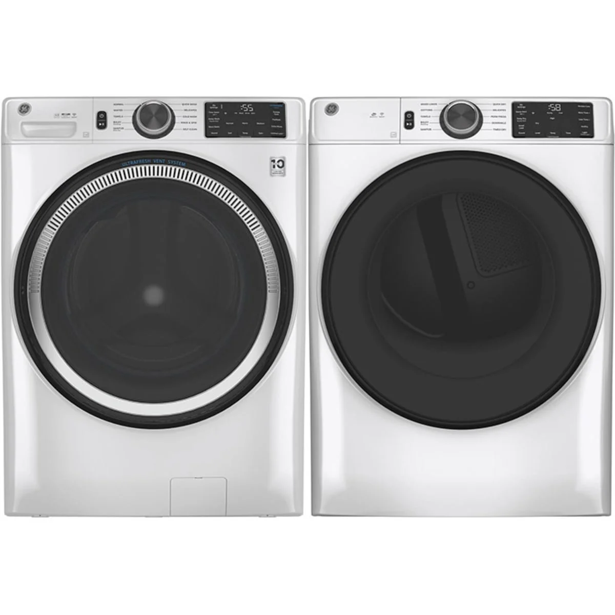 GE GFW550SSNWW 28 Inch Smart Front Load Washer & GE GFV55ESSNWW 28 Inch Electric Long Vent Smart Dryer