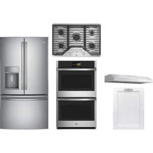 GE Profile 5-Piece Package PFE28KYNFS 36 French-Door Refrigerator and PGP7036SLSS 36 Cooktop and PTD7000SNSS 30 Convection Double Wall Oven and PVX7360SJSS 36 Under Cabinet Hood and SHV78CM3N 24 Integrated Panel-Ready Dishwasher