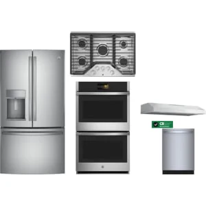 GE Profile 5-Piece Package PFE28KYNFS 36 French-Door Refrigerator and PGP7036SLSS 36 Cooktop and PTD7000SNSS 30 Convection Double Wall Oven and PVX7360SJSS 36 Under Cabinet Hood and SHX78CM5N 24 Integrated Dishwasher