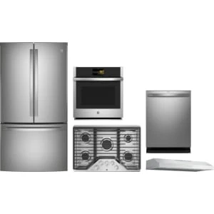GE Profile 5-Piece Package PWE23KYNFS 36 Counter-Depth French-Door Refrigerator and PGP7036SLSS 36 Cooktop and PKS7000SNSS 27 Wall Oven and PDT715SYVFS 24 Integrated Dishwasher and PVX7360SJSS 36 Under Cabinet Hood