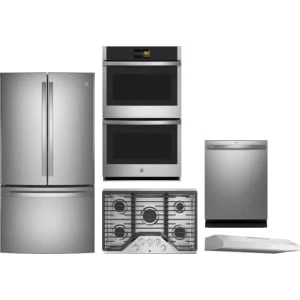 GE Profile 5-Piece Package PWE23KYNFS 36 Counter-Depth French-Door Refrigerator and PGP7036SLSS 36 Cooktop and PTD7000SNSS 30 Convection Double Wall Oven and PDT715SYVFS 24 Integrated Dishwasher and PVX7360SJSS 36 Under Cabinet Hood