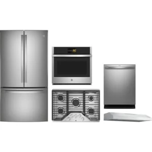 GE Profile 5-Piece Package PWE23KYNFS 36 Counter-Depth French-Door Refrigerator and PGP7036SLSS 36 Cooktop and PTS7000SNSS 30 Wall Oven and PDT715SYVFS 24 Integrated Dishwasher and PVX7360SJSS 36 Under Cabinet Hood