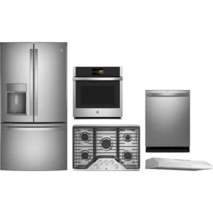 GE Profile 5-Piece Package PYE22KYNFS 36 Counter-Depth French-Door Refrigerator and PKS7000SNSS 27 Wall Oven and PGP7036SLSS 36 Cooktop and PVX7360SJSS 36 Under Cabinet Hood and PDT715SYVFS 24 Integrated Dishwasher