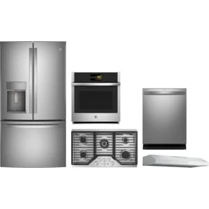 GE Profile 5-Piece Package PYE22KYNFS 36 Counter-Depth French-Door Refrigerator and PKS7000SNSS 27 Wall Oven and PGP9036SLSS Cooktop and PVX7360SJSS 36 Under Cabinet Hood and PDT715SYVFS 24 Integrated Dishwasher