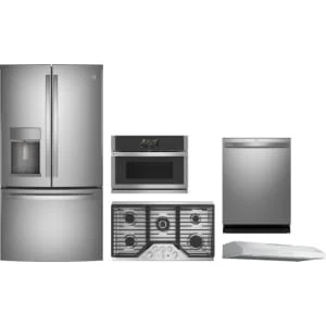 GE Profile 5-Piece Package PYE22KYNFS 36 Counter-Depth French-Door Refrigerator and PSB9100SVSS 27 Single Electric Smart Wall Oven and PGP9036SLSS Gas Cooktop and PVX7360SJSS 36 Under Cabinet Smart Range Hood and PDT715SYVFS 24 Integrated Smart Dishwasher