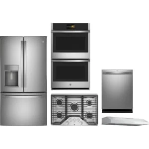 GE Profile 5-Piece Package PYE22KYNFS 36 Counter-Depth French-Door Refrigerator and PTD7000SNSS 30 Convection Double Wall Oven and PGP7036SLSS 36 Cooktop and PVX7360SJSS 36 Under Cabinet Hood and PDT715SYVFS 24 Integrated Dishwasher
