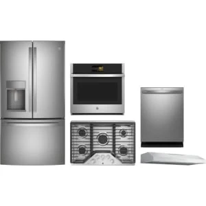 GE Profile 5-Piece Package PYE22KYNFS 36 Counter-Depth French-Door Refrigerator and PTS7000SNSS 30 Wall Oven and PGP7036SLSS 36 Cooktop and PVX7360SJSS 36 Under Cabinet Hood and PDT715SYVFS 24 Integrated Dishwasher