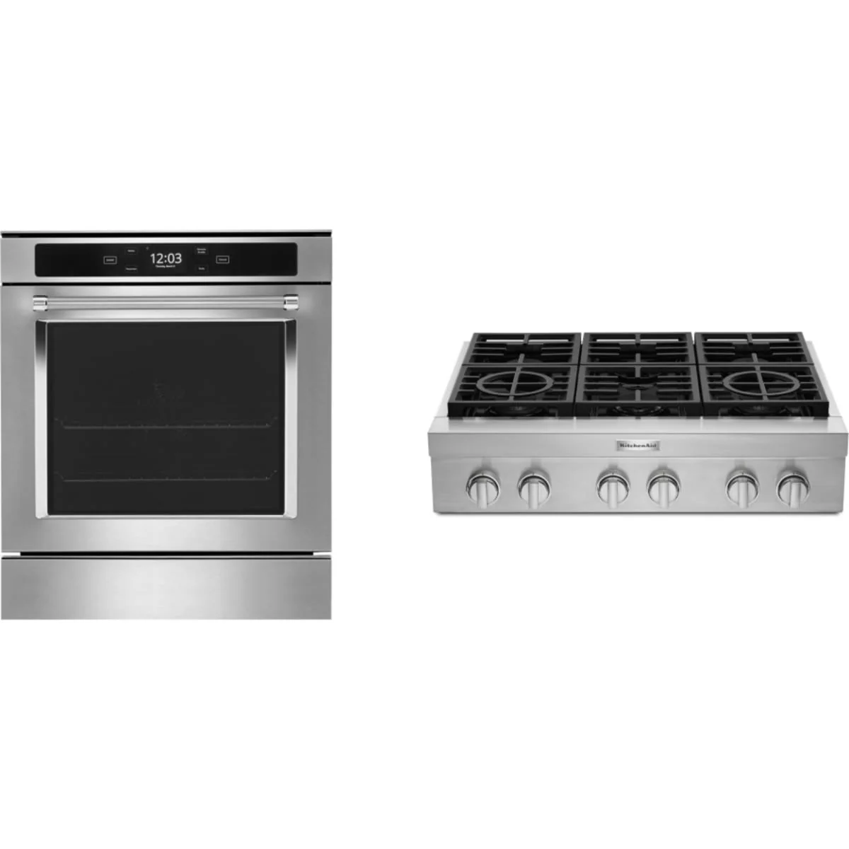 Kitchen Aid  2-Piece Package KCGC506JSS 36 Inch Commercial-Style Gas Rangetop and KOSC504PPS 24 Inch Single Convection Smart Electric Wall Oven