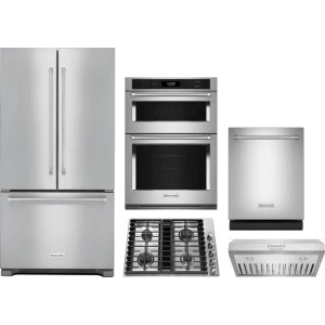 Kitchen Aid 5-Piece Package KRFC302ESS 36 Counter-Depth Refrigerator and KCGD500GSS 30 Gas Downdraft Cooktop and KOEC530PSS 30 Combination Microwave Wall Oven and KDTF924PPS 24 Integrated Dishwasher and KVUC600KSS Commercial Style Under Cabinet Hood