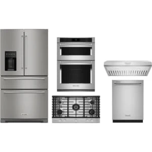 Kitchen Aid 5-Piece Package KRMF536RPS 36 Freestanding French-Door Refrigerator and KOEC530PPS 30 Combination Microwave Wall Oven and KCGS556ESS 36 Cooktop and KDTE204KPS 24 Integrated Dishwasher and KVUC606KSS Commercial Style Under Cabinet Hood