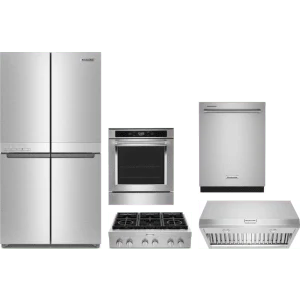 Kitchen Aid 5-Piece Package KRQC506MPS 36 Counter-Depth 4-Door French-Door Refrigerator and KCGC506JSS 36 Commercial-Style Gas Rangetop and KOSC504PPS 24 Wall Oven and KDTE204KPS 24 Integrated Dishwasher and KVWC906KSS 36 Commercial-Style Hood