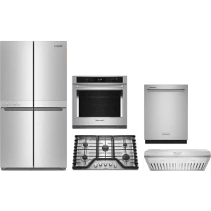 Kitchen Aid 5-Piece Package KRQC506MPS 36 Counter-Depth 4-Door French-Door Refrigerator and KCGS356ESS 36 Cooktop and KOES530PSS 30 Wall Oven and KDTE204KPS 24 Integrated Dishwasher and KVUC606KSS Commercial Style Under Cabinet Hood